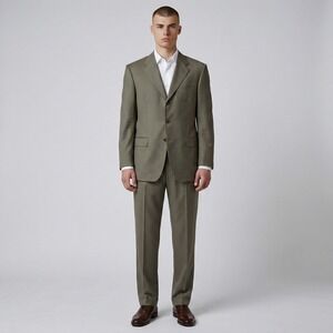 Canali Wool Suit Men's 40R Olive Green 100% Pure Wool Pleated Made in Italy